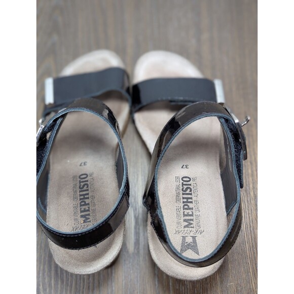 MEPHISTO Patent Leather Strap Sandals US 6.5-7 EU 37 Black Wedges Buckle Logo - Picture 11 of 14